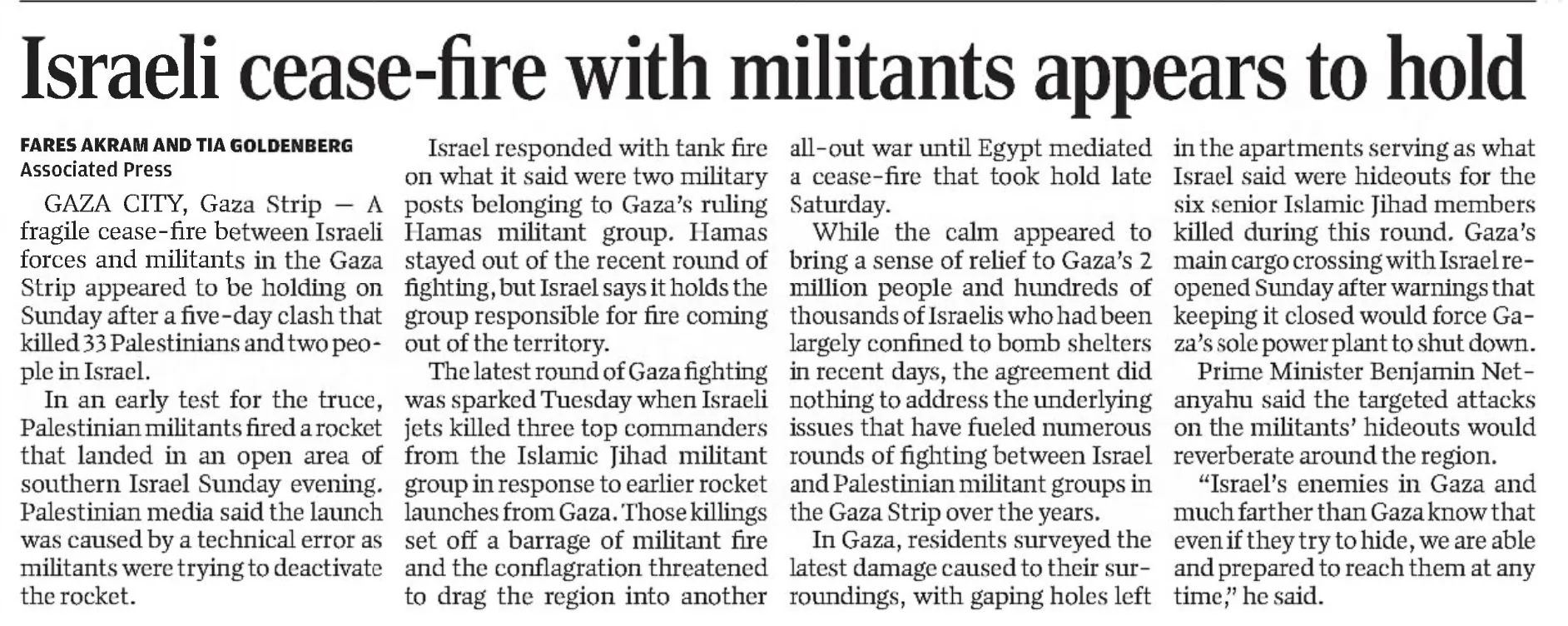 Israeli cease-fire with militants appears to hold &mdash; Casper Star-Tribune, 15 May 2023