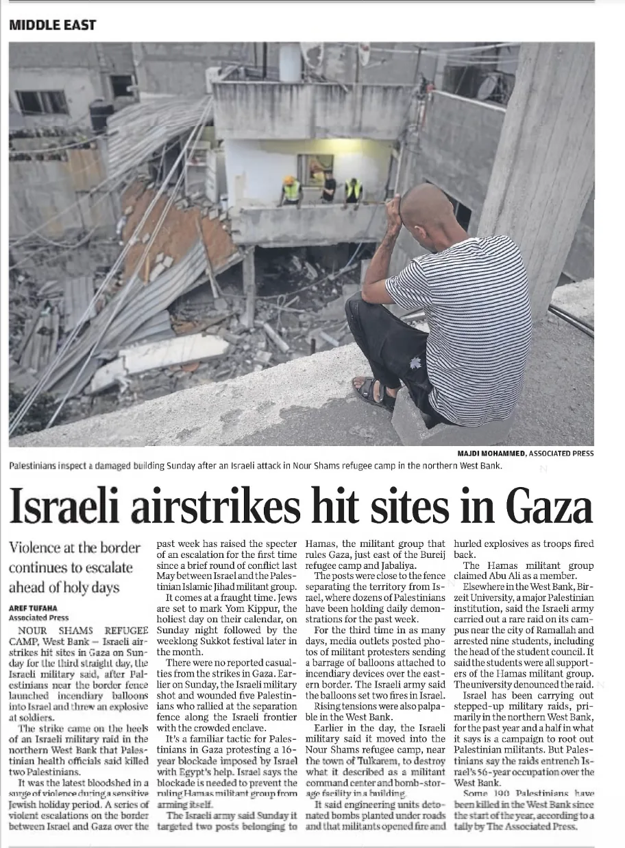 Israeli airstrikes hit sites in Gaza &mdash; Casper Star-Tribune, 25 September 2023