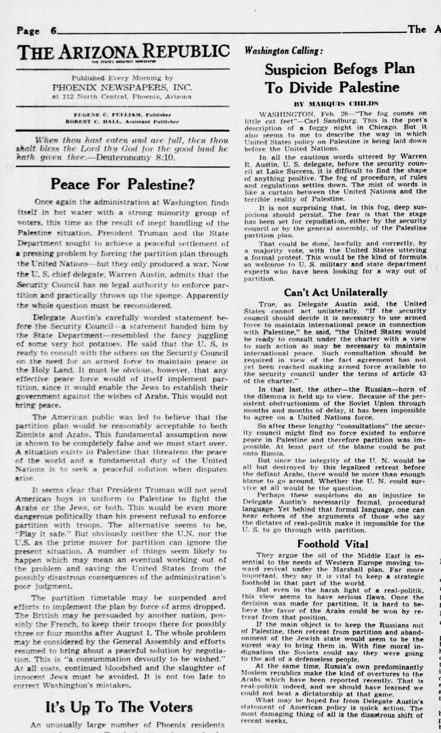 Suspicion Befogs Plan To Divide Palestine &mdash; The Arizona Republic, 29 February 1948