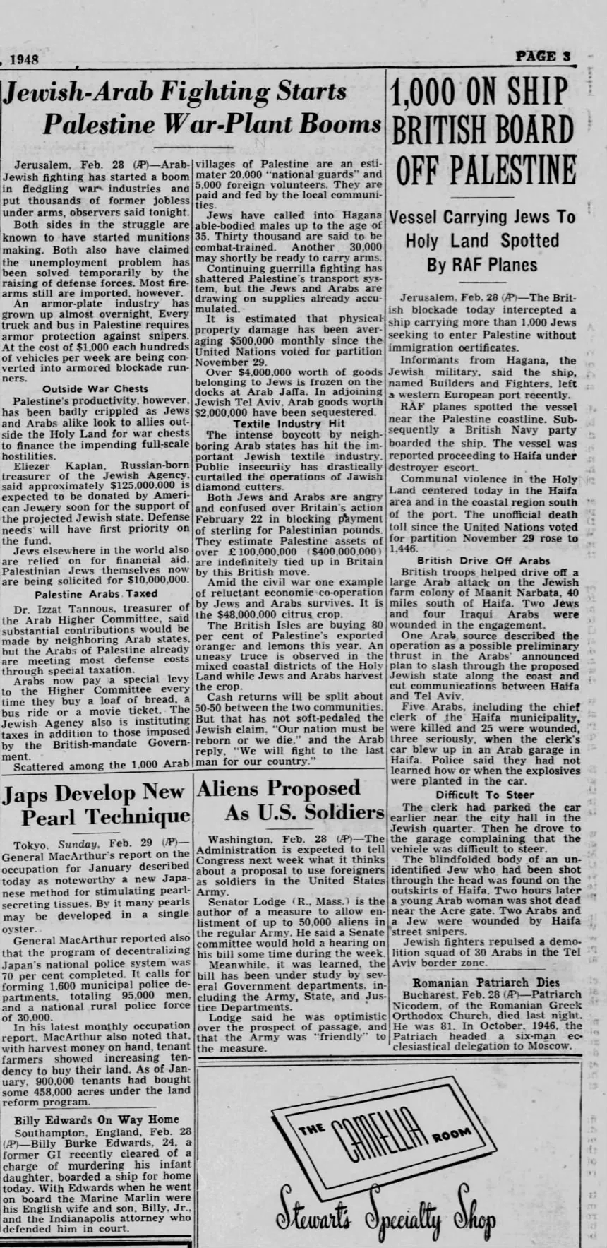 Jewish-Arab Fighting Starts Palestine War-Plant Booms — The Baltimore Sun, 29 February 1948