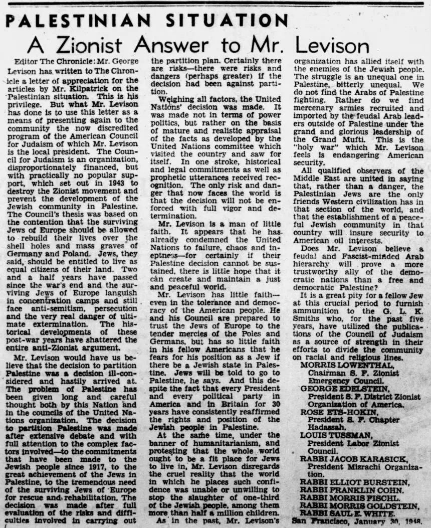 A Zionist Answer to Mr. Levison — San Francisco Chronicle, 4 February 1948