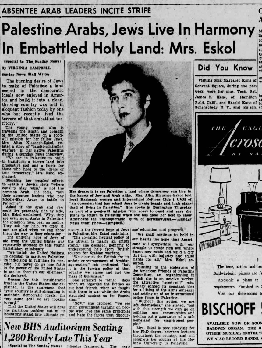 Palestine Arabs, Jews Live In Harmony In Embattled Holy Land: Mrs. Eskol &mdash; Vermont Sunday News, 29 February 1948