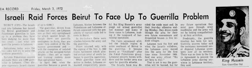 Israeli Raid Forces Beirut To Face Up To Guerrilla Problem — Columbia Record, 3 March 1972