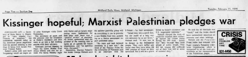 Kissinger hopeful; Marxist Palestinian pledges war &mdash; Midland Daily News, 11 February 1975