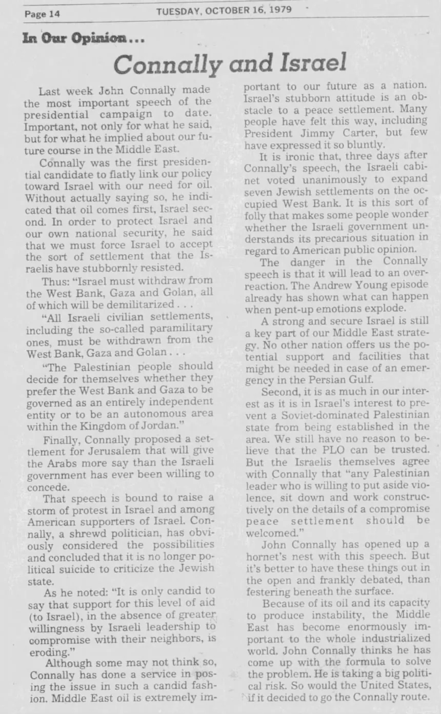 Connally and Israel — Telegram and Gazette, 16 October 1979