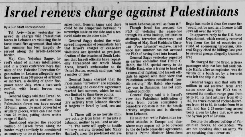 Israel renews charge against Palestinians &mdash; The Baltimore Sun, 3 March 1982