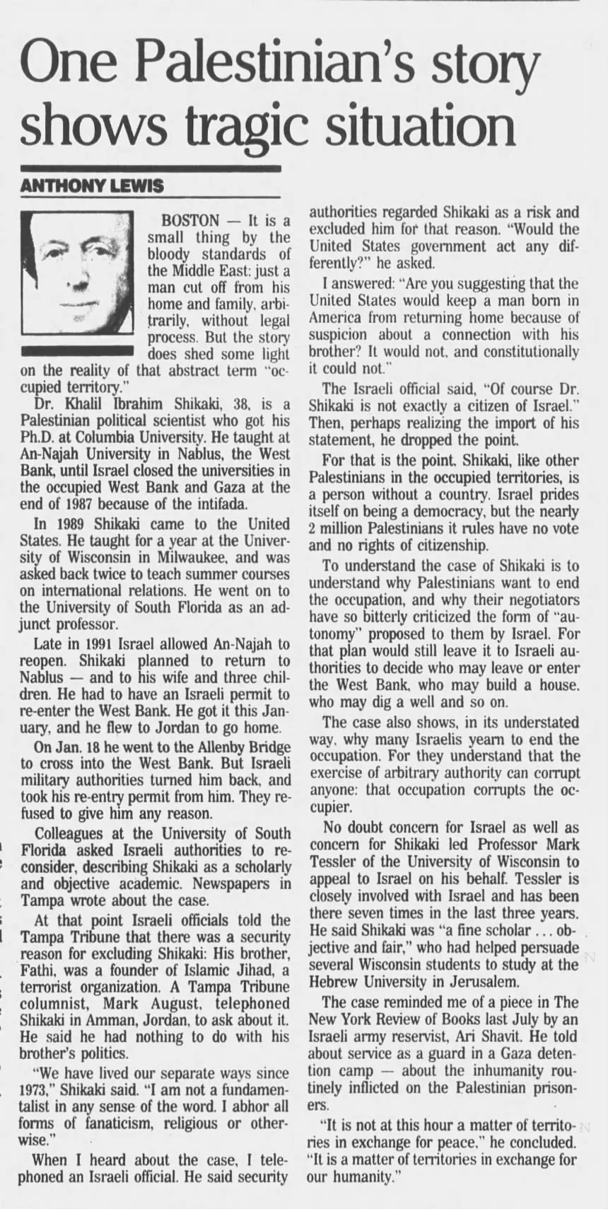 One Palestinian's story shows tragic situation — South Bend Tribune, 3 March 1992