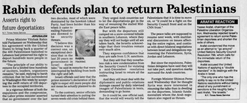 Rabin defends plan to return Palestinians &mdash; The Daily Press, 4 February 1993