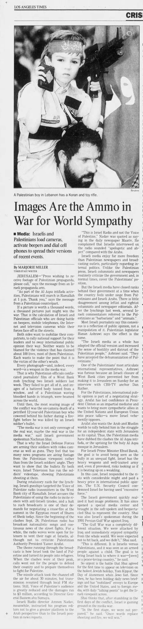 Images Are the Ammo in War for World Sympathy — Los Angeles Times, 16 October 2000