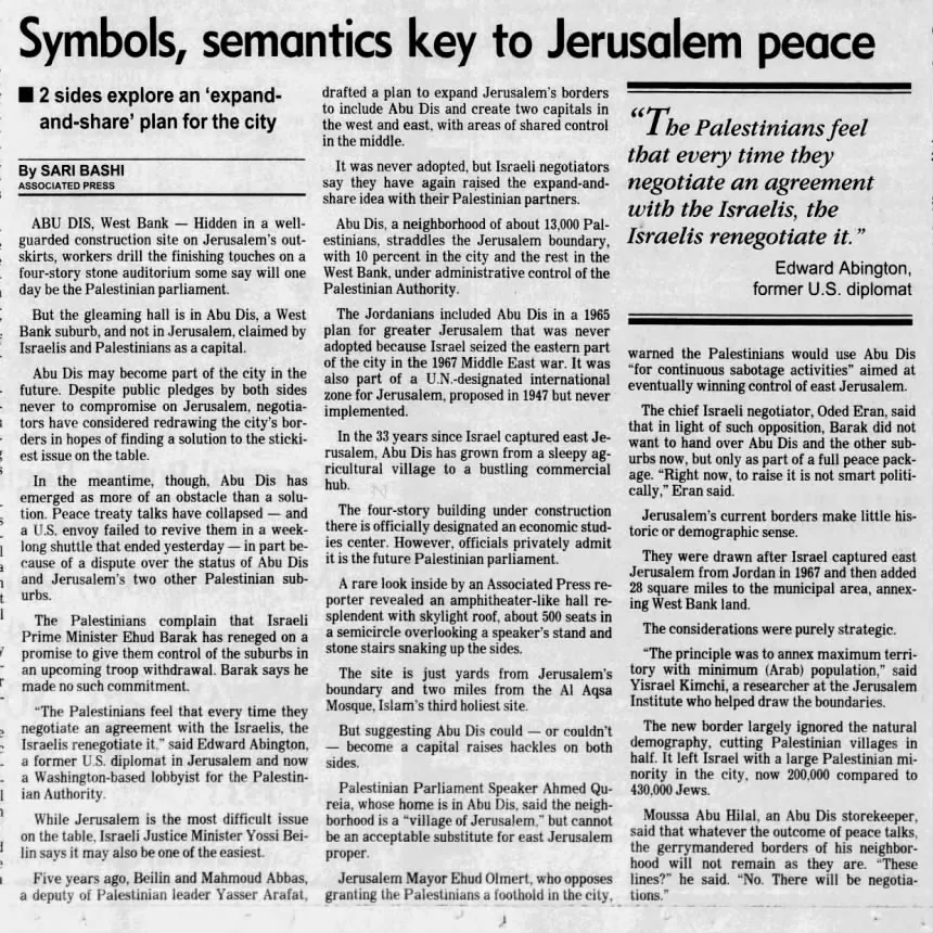 Symbols, semantics key to Jerusalem peace &mdash; Staten Island Advance, 29 February 2000