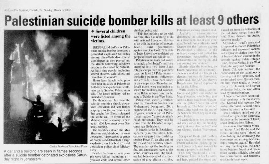 Palestinian suicide bomber kills at least 9 others &mdash; The Sentinel, 3 March 2002