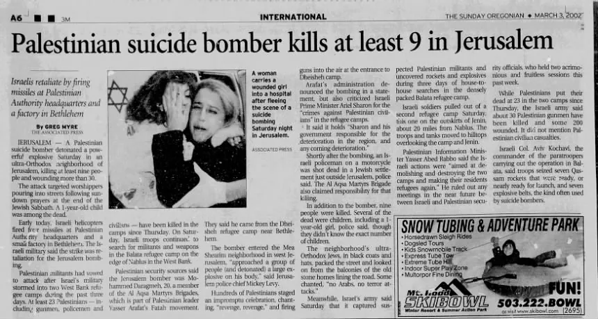 Palestinian suicide bomber kills at least 9 in Jerusalem &mdash; The Sunday Oregonian, 3 March 2002