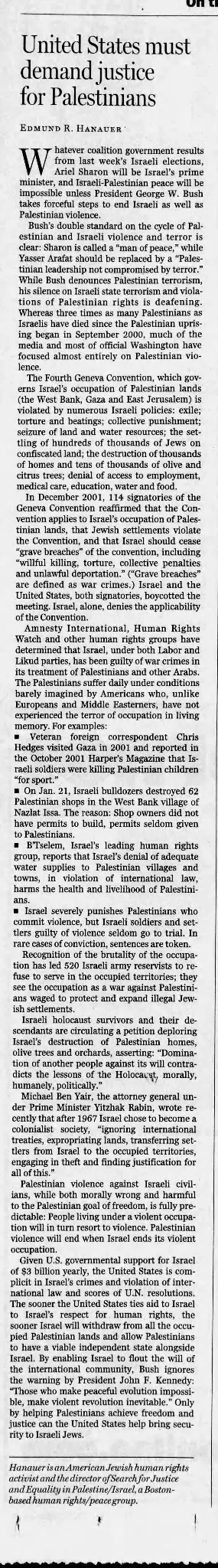 United States must demand justice for Palestinians — The Plain Dealer, 4 February 2003