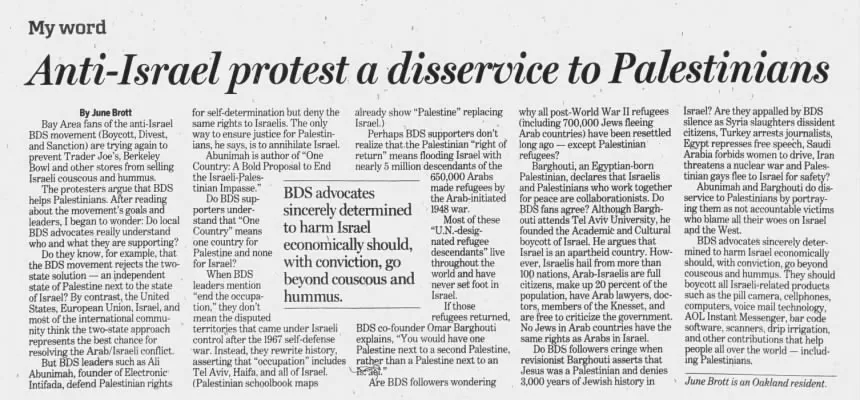 Anti-Israel protest a disservice to Palestinians — Oakland Tribune, 29 February 2012