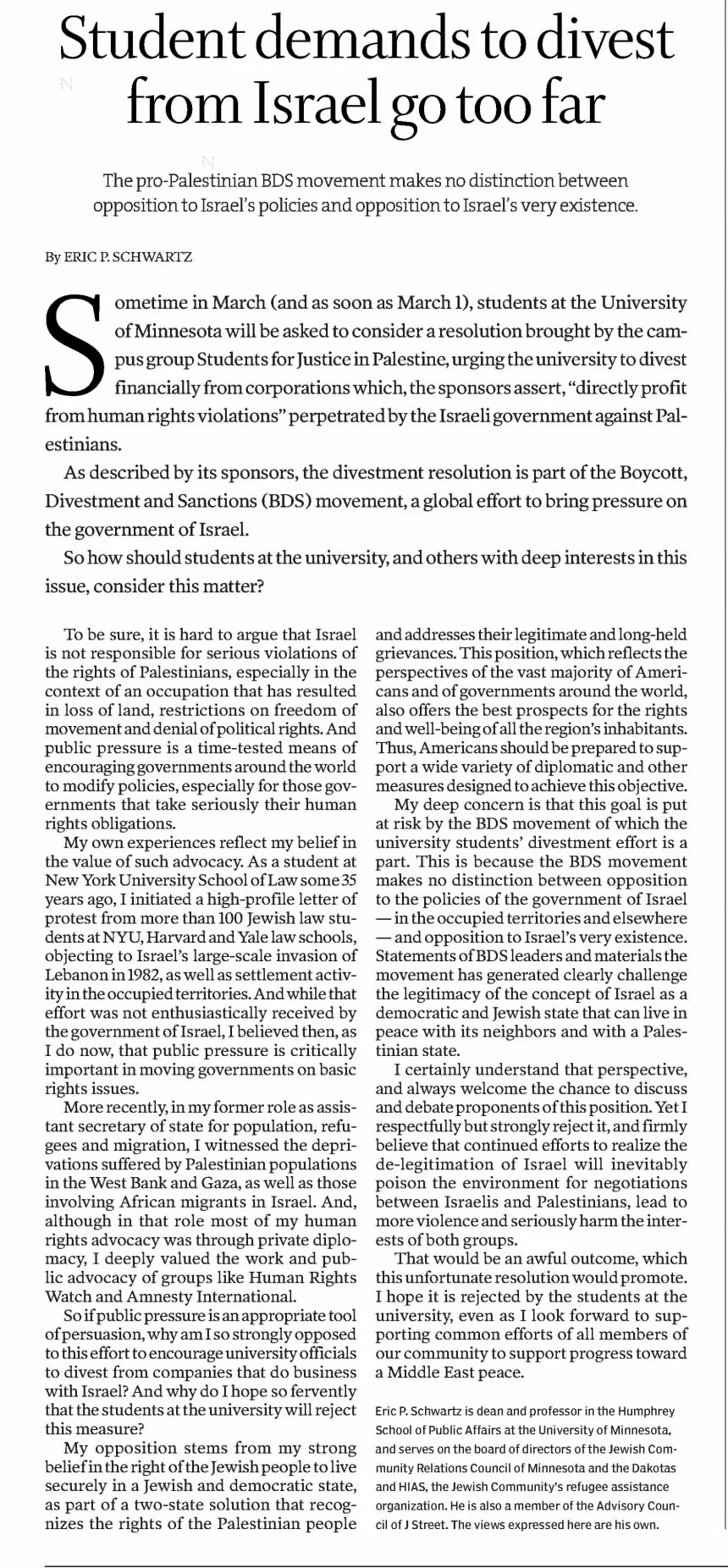Student demands to divest from Israel go too far — Star Tribune, 29 February 2016