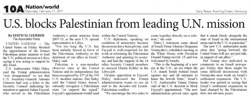 U.S. blocks Palestinian from leading U.N. mission — Park City Daily News, 11 February 2017