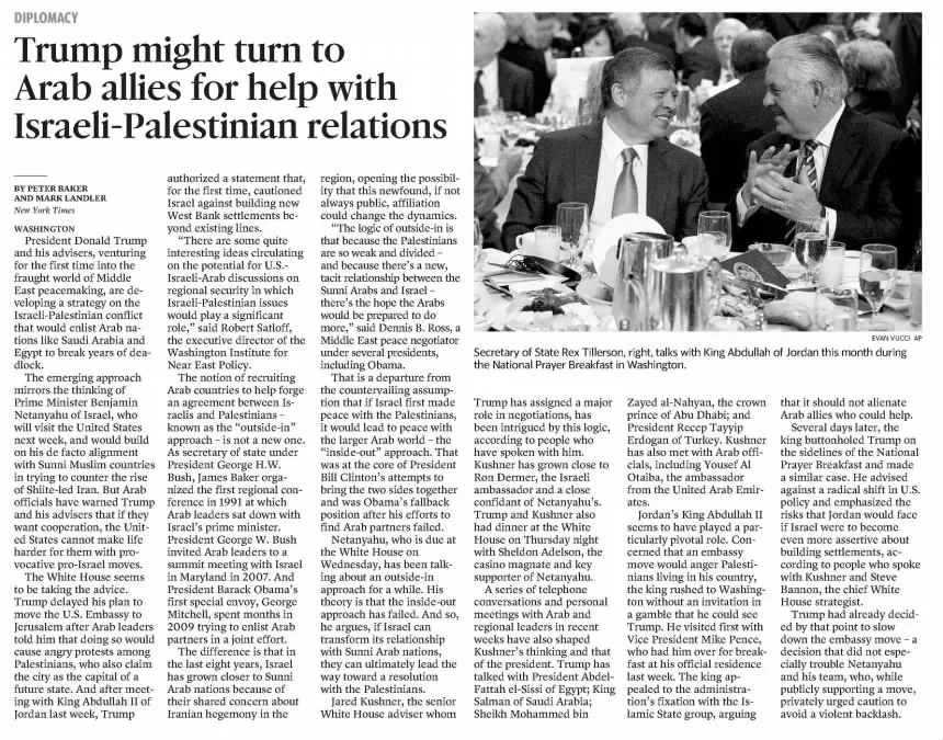 Trump might turn to Arab allies for help with Israeli-Palestinian relations — Sun-News, 11 February 2017