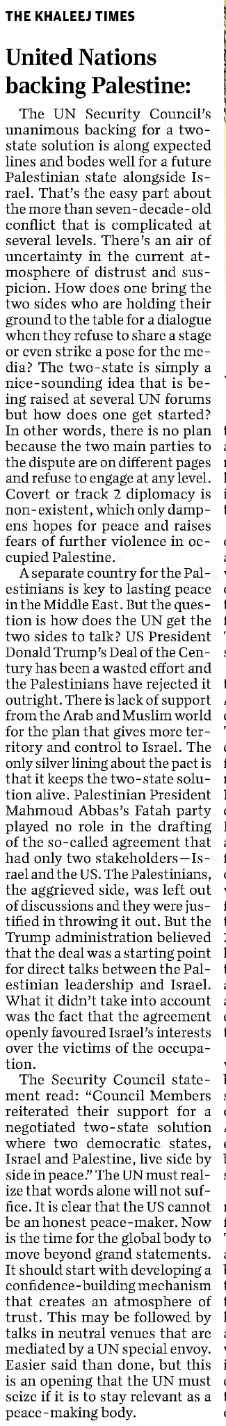 United Nations backing Palestine: — The Daily Journal, 29 February 2020