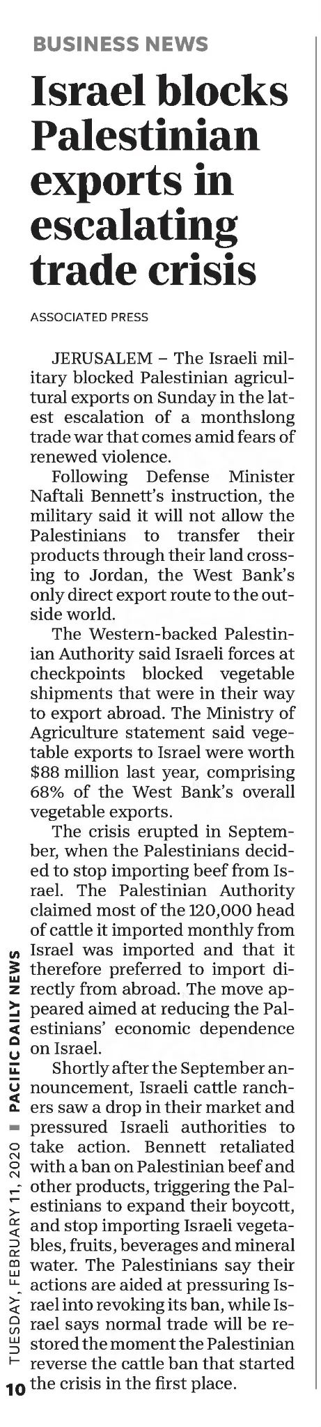 Israel blocks Palestinian exports in escalating trade crisis &mdash; Pacific Daily News, 11 February 2020