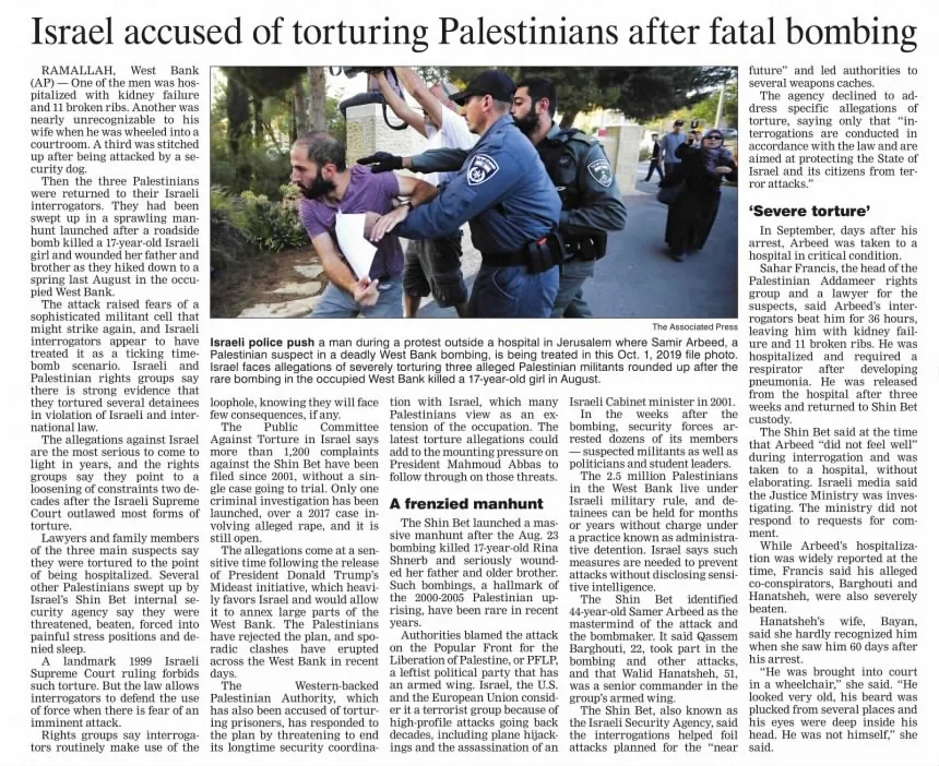 Israel accused of torturing Palestinians after fatal bombing — Telegraph, 11 February 2020
