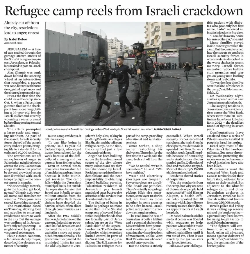 Refugee camp reels from Israeli crackdown — The Orlando Sentinel, 16 October 2022