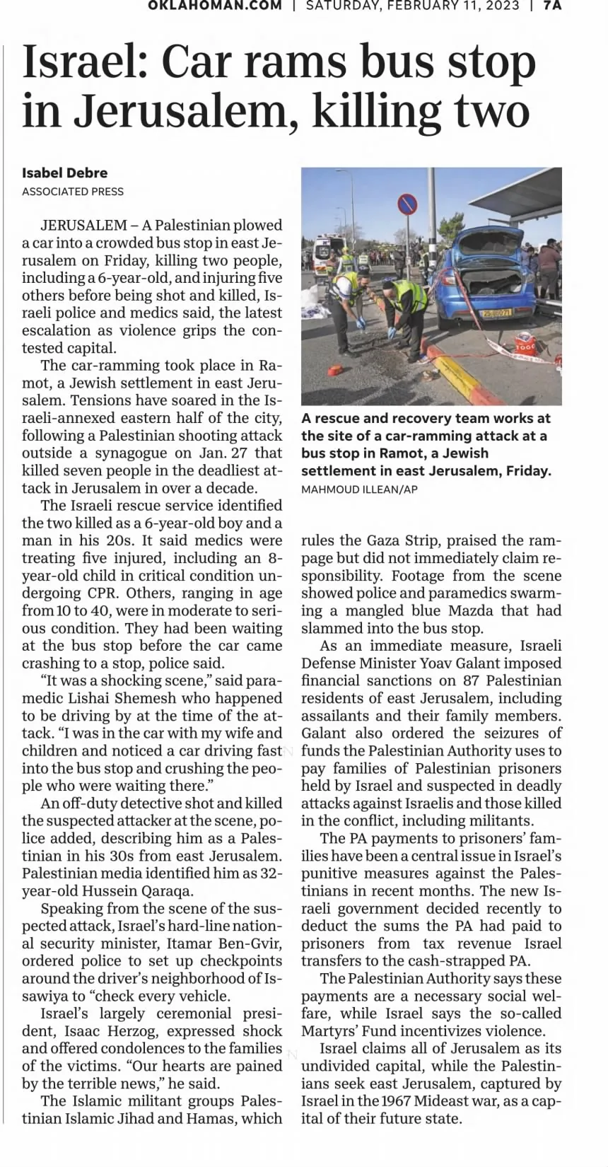 Israel: Car rams bus stop in Jerusalem, killing two — The Oklahoman, 11 February 2023