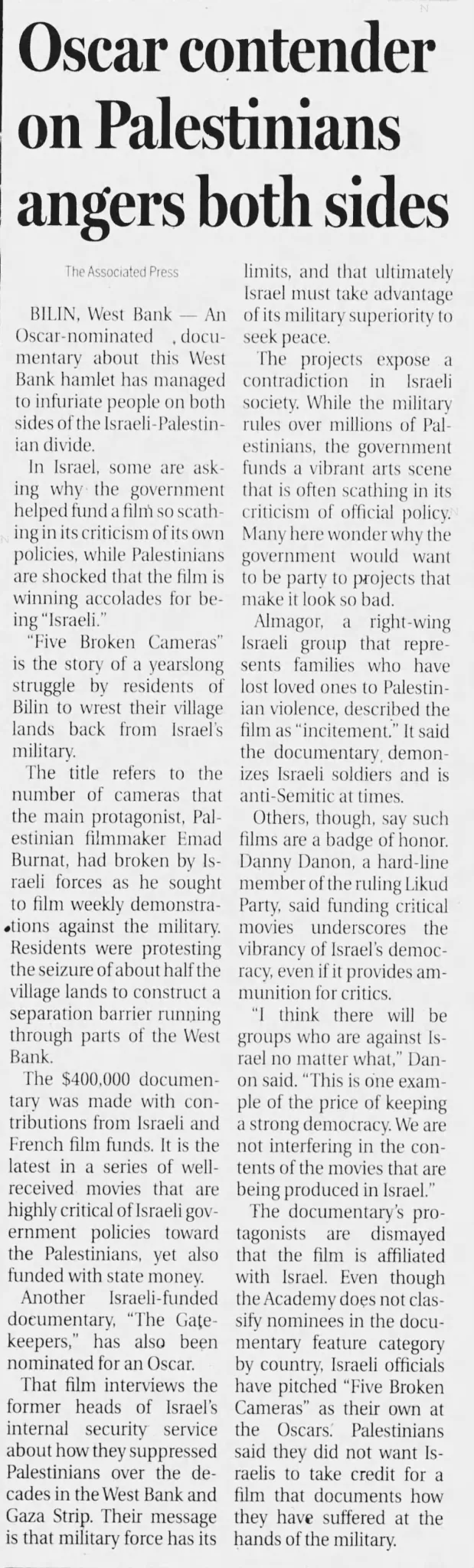 Oscar contender on Palestinians angers both sides &mdash; Opelika Auburn News, 11 February 2023