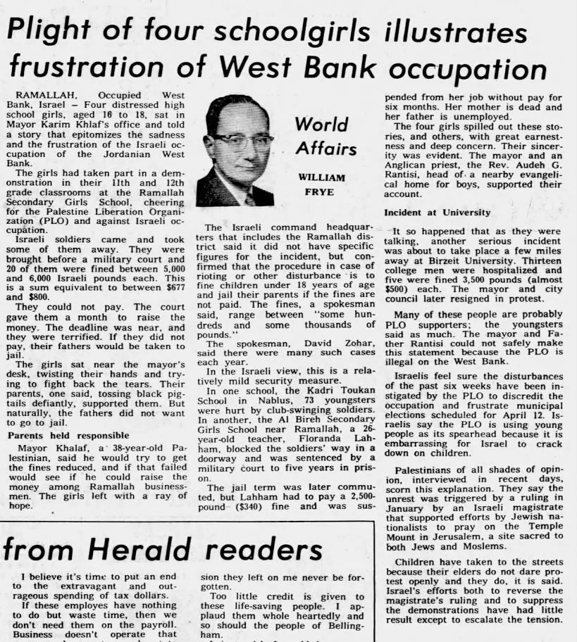 Plight of four schoolgirls illustrates frustration of West Bank occupation — Bellingham Herald, 17 March 1976