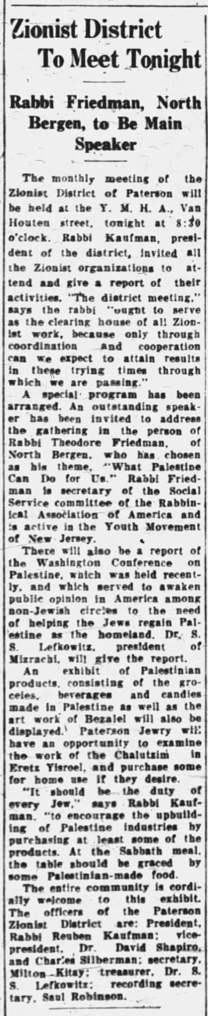 Zionist District To Meet Tonight — The News, 21 February 1938