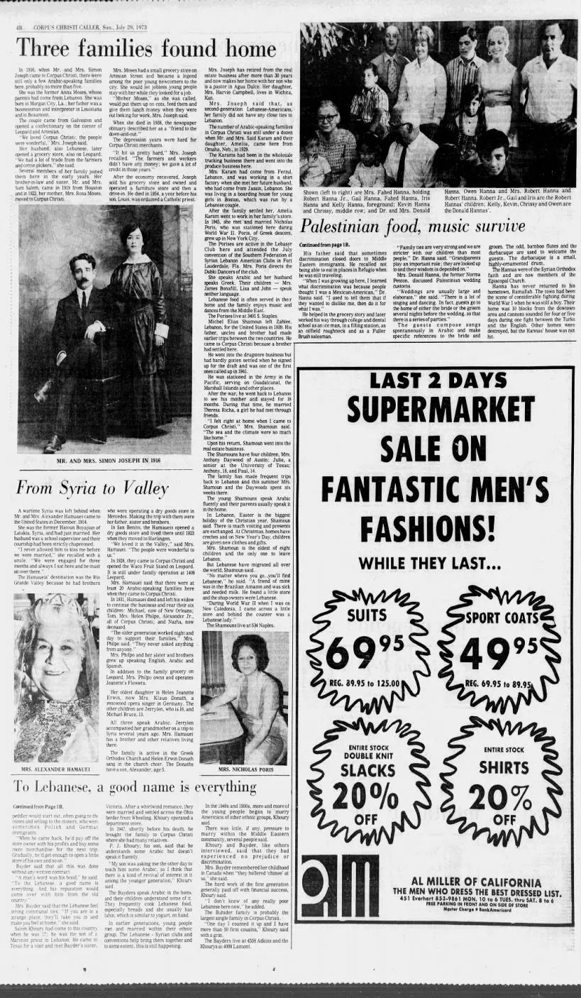 Palestinian food, music survive — Corpus Christi Caller, 29 July 1973