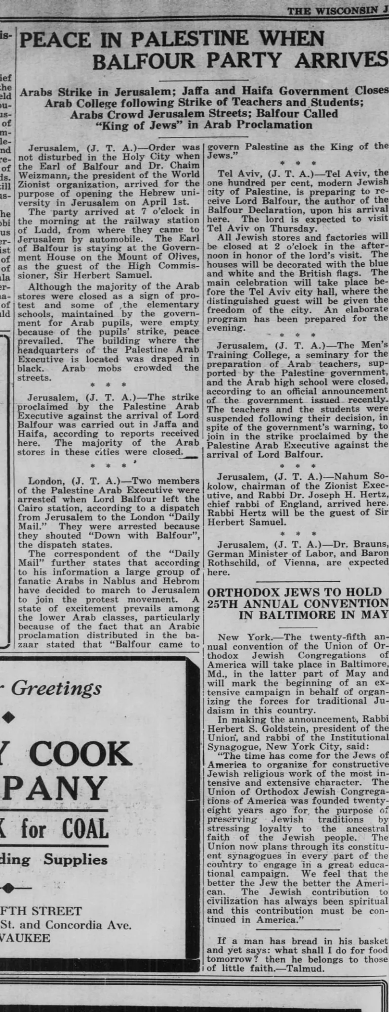 Peace in Palestine When Balfour Party Arrives — Wisconsin Jewish Chronicle, 27 March 1925
