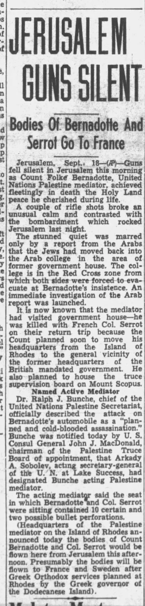 Jerusalem Guns Silent — Wilkes-Barre Times Leader, 18 September 1948