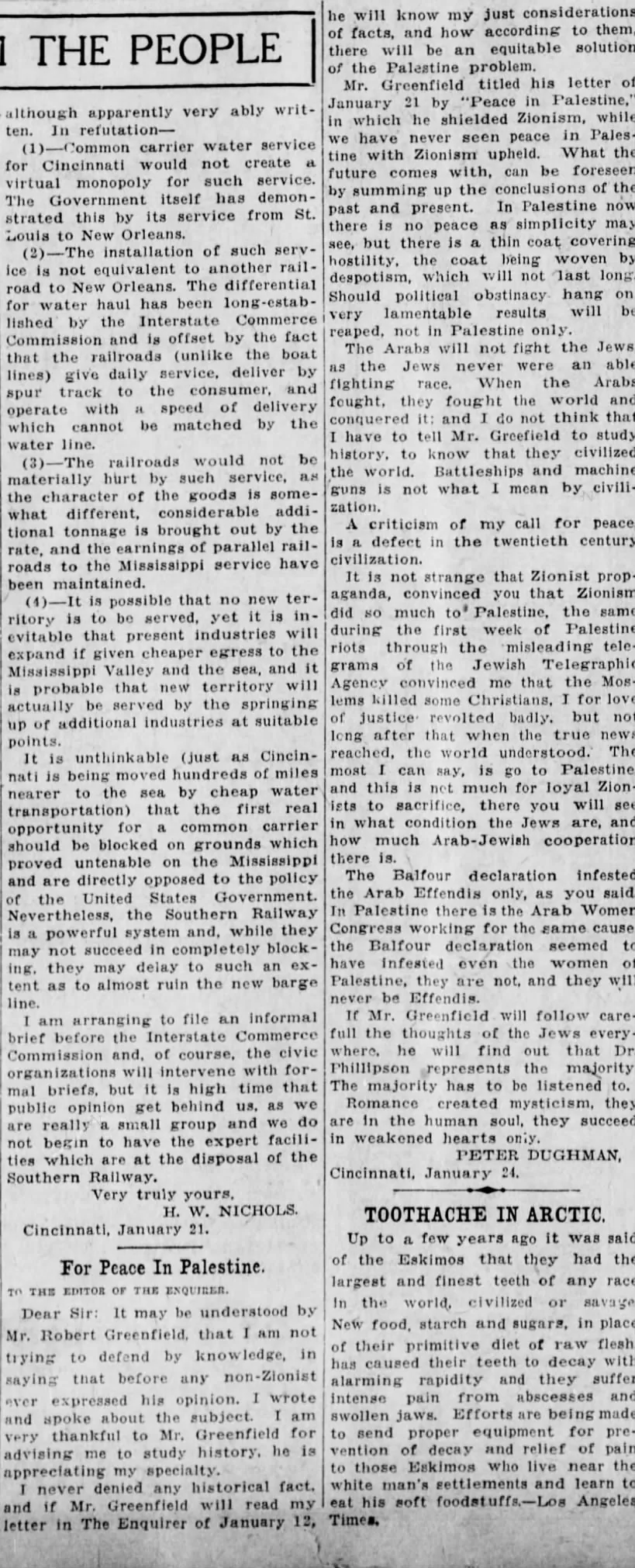 For Peace In Palestine — The Cincinnati Enquirer, 26 January 1930