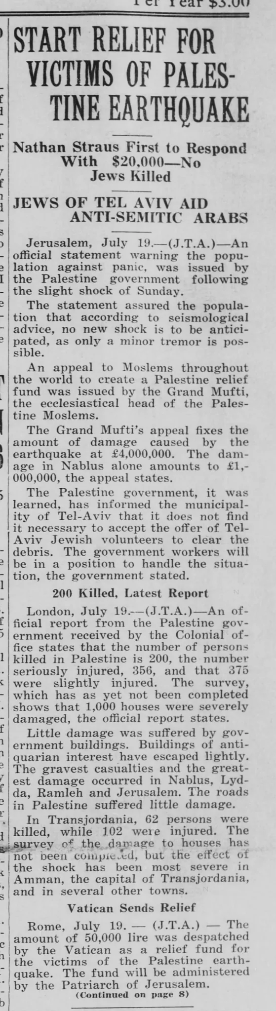 Start Relief For Victims Of Palestine Earthquake — Wisconsin Jewish Chronicle, 22 July 1927