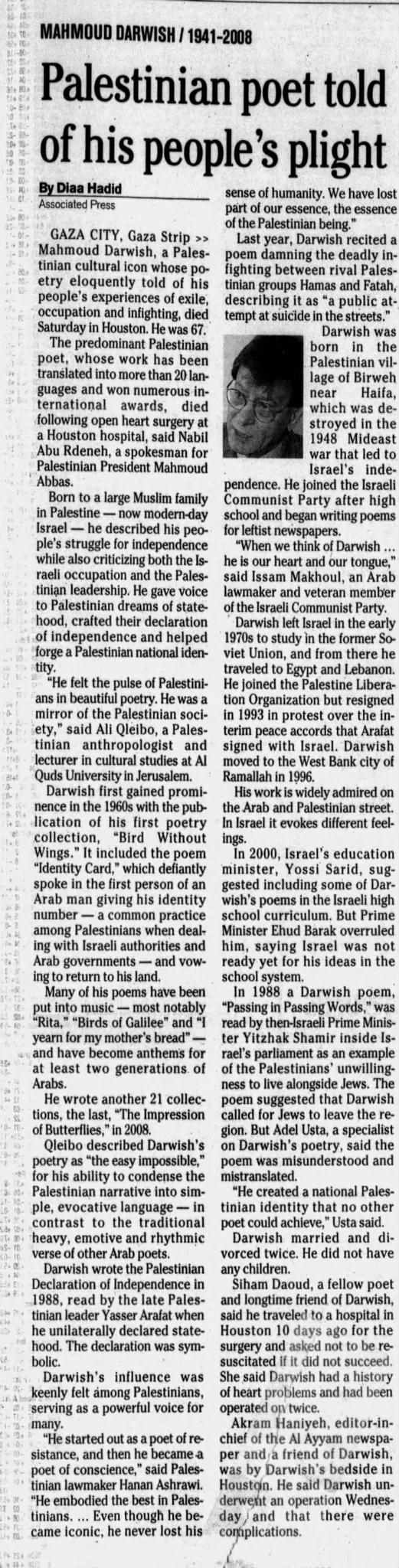 Palestinian poet told of his people’s plight — Honolulu Star-Bulletin, 12 August 2008