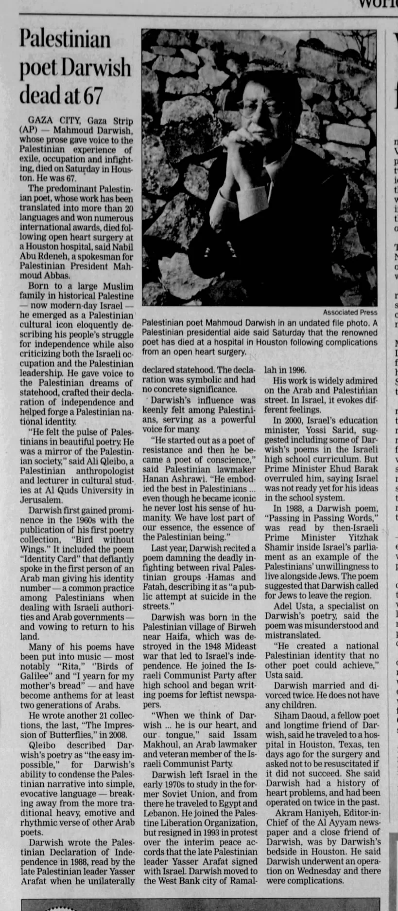 Palestinian poet Darwish dead at 67 — The Dispatch, 10 August 2008