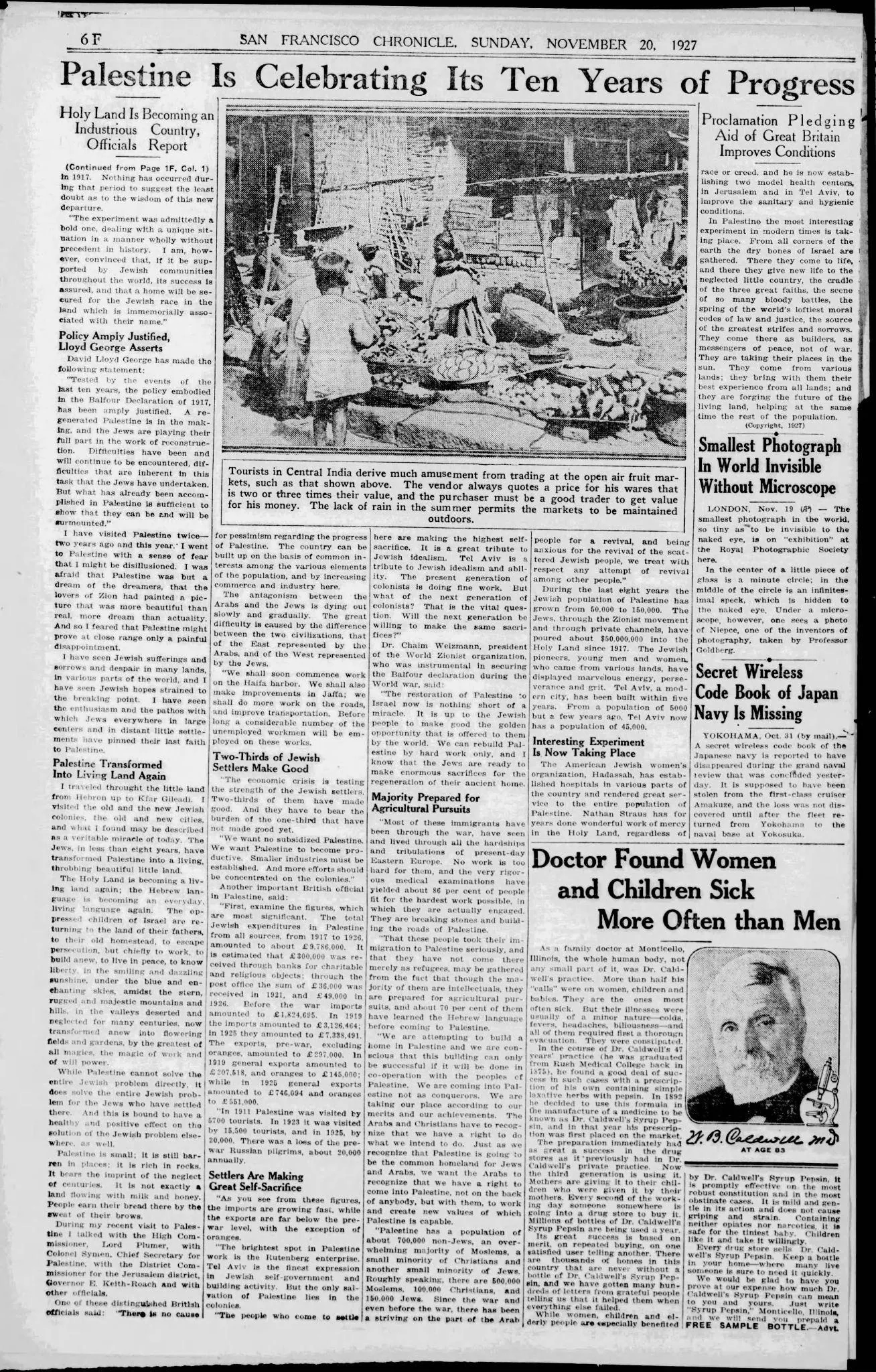 Palestine Is Celebrating Its Ten Years of Progress — San Francisco Chronicle, 20 November 1927