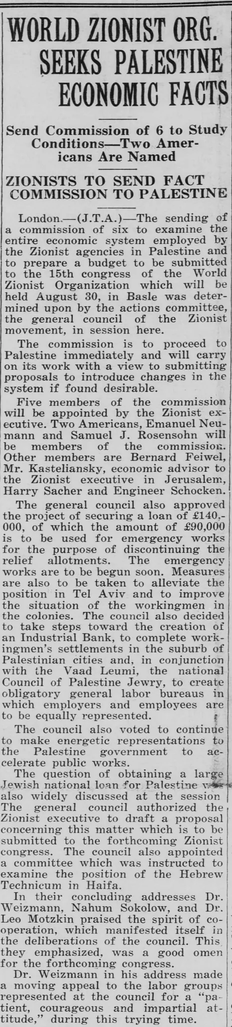 World Zionist Org. Seeks Palestine Economic Facts — Wisconsin Jewish Chronicle, 20 May 1927