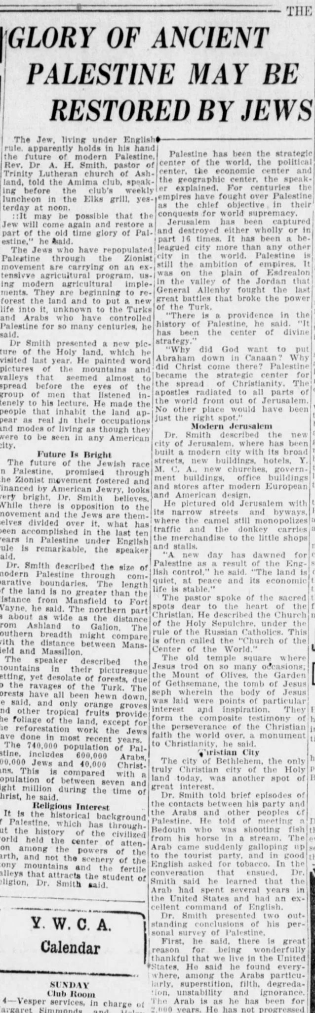Glory Of Ancient Palestine May Be Restored By Jews — The News Journal, 13 March 1927