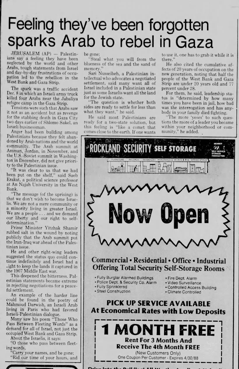 Feeling they’ve been forgotten sparks Arab to rebel in Gaza — The Patriot Ledger, 16 April 1988