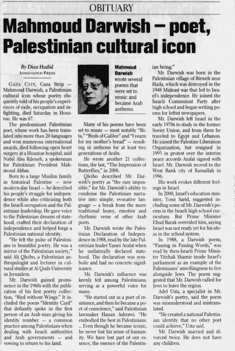 Mahmoud Darwish — poet, Palestinian cultural icon — San Francisco Chronicle, 11 August 2008