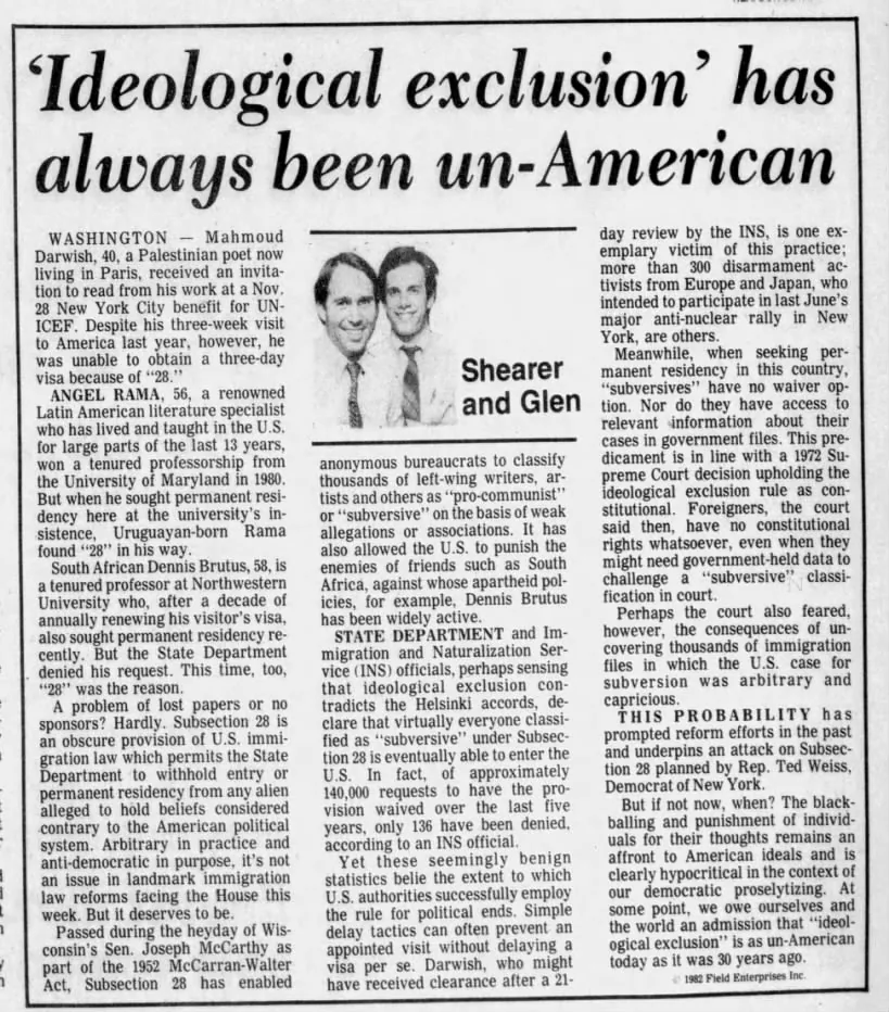 ‘Ideological exclusion’ has always been un-American — The Register-Mail, 18 December 1982