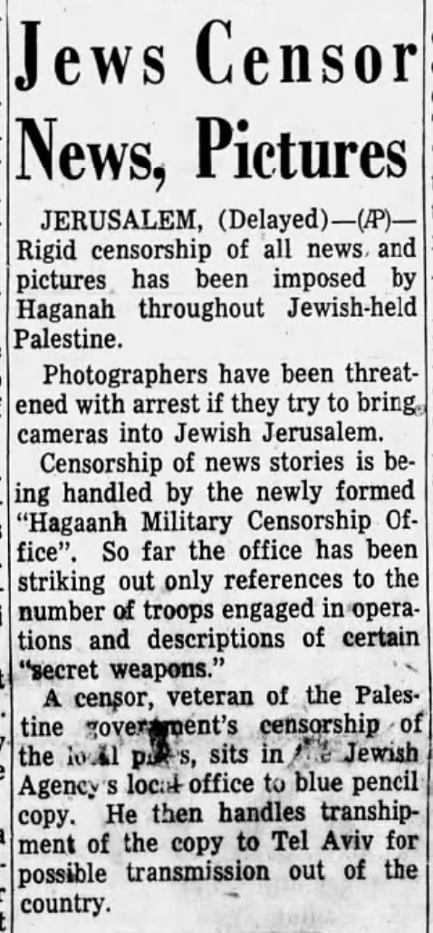 Jews Censor News, Pictures &mdash; The Daily Record, 24 May 1948