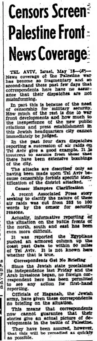 Censors Screen Palestine Front News Coverage &mdash; The Daily Oklahoman, 19 May 1948