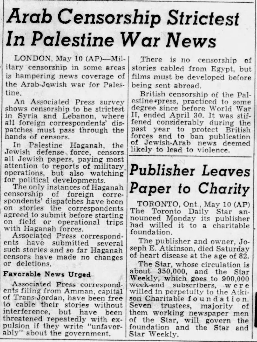 Arab Censorship Strictest In Palestine War News &mdash; The Oregonian, 11 May 1948