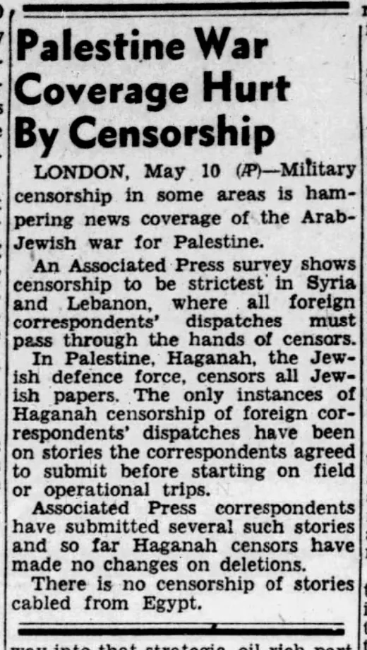 Palestine War Coverage Hurt By Censorship &mdash; San Francisco Chronicle, 11 May 1948