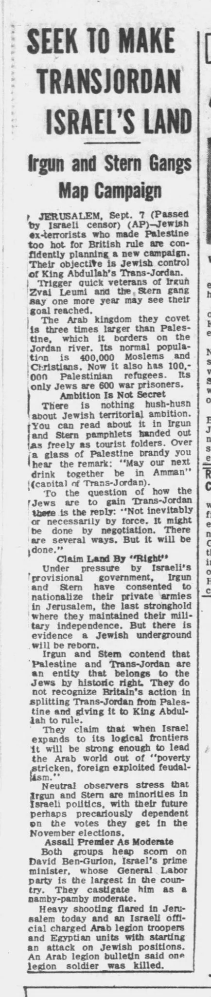 SEEK TO MAKE TRANSJORDAN ISRAEL’S LAND &mdash; Chicago Tribune, 8 September 1948