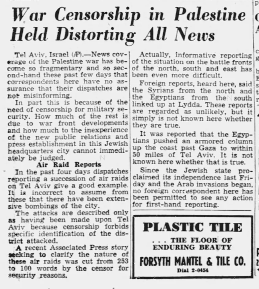 War Censorship in Palestine Held Distorting All News &mdash; Winston-Salem Journal, 19 May 1948