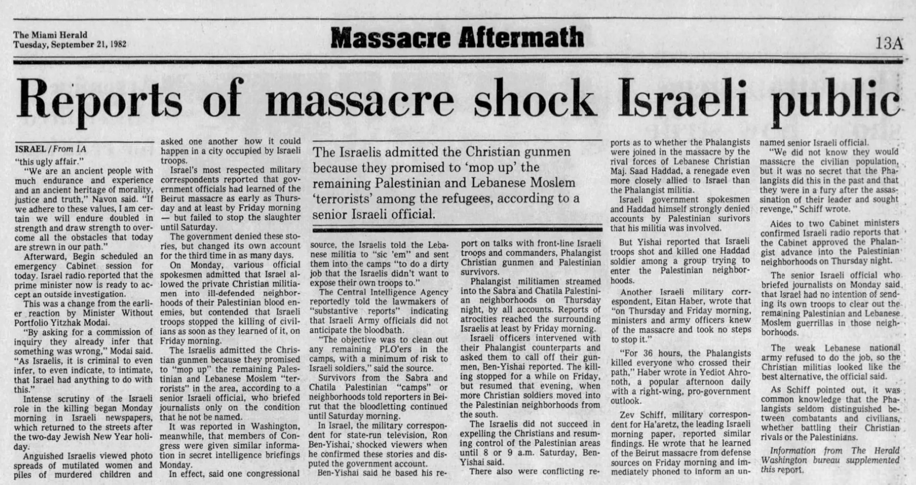 Reports of massacre shock Israeli public &mdash; The Miami Herald, 21 September 1982