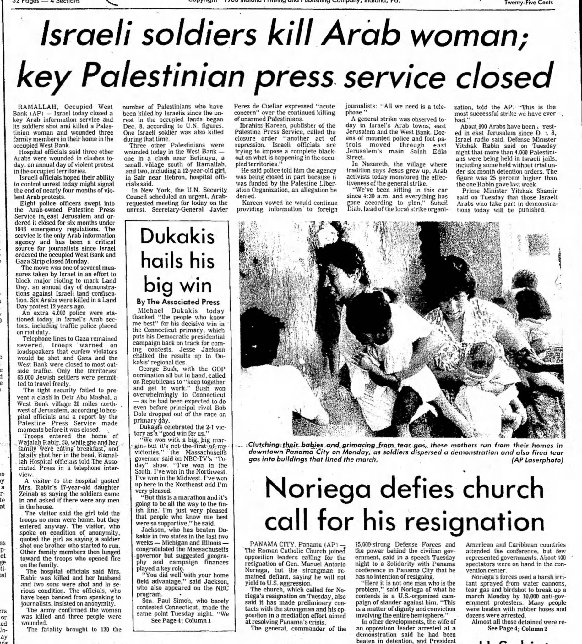 Israeli soldiers kill Arab woman; key Palestinian press service closed &mdash; Indiana Gazette, 30 March 1988